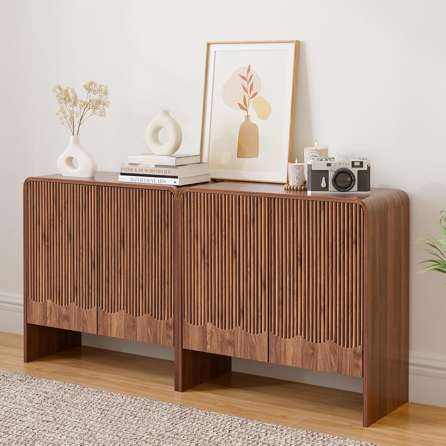 Fluted Sideboard Buffet Cabinet with Storage Set of 3, Mid Century Modern Storage Cabinet with Curved Edge and Adjustable Shelves for Kitchen Dining Room Living Room (Walnut, 3 pcs)