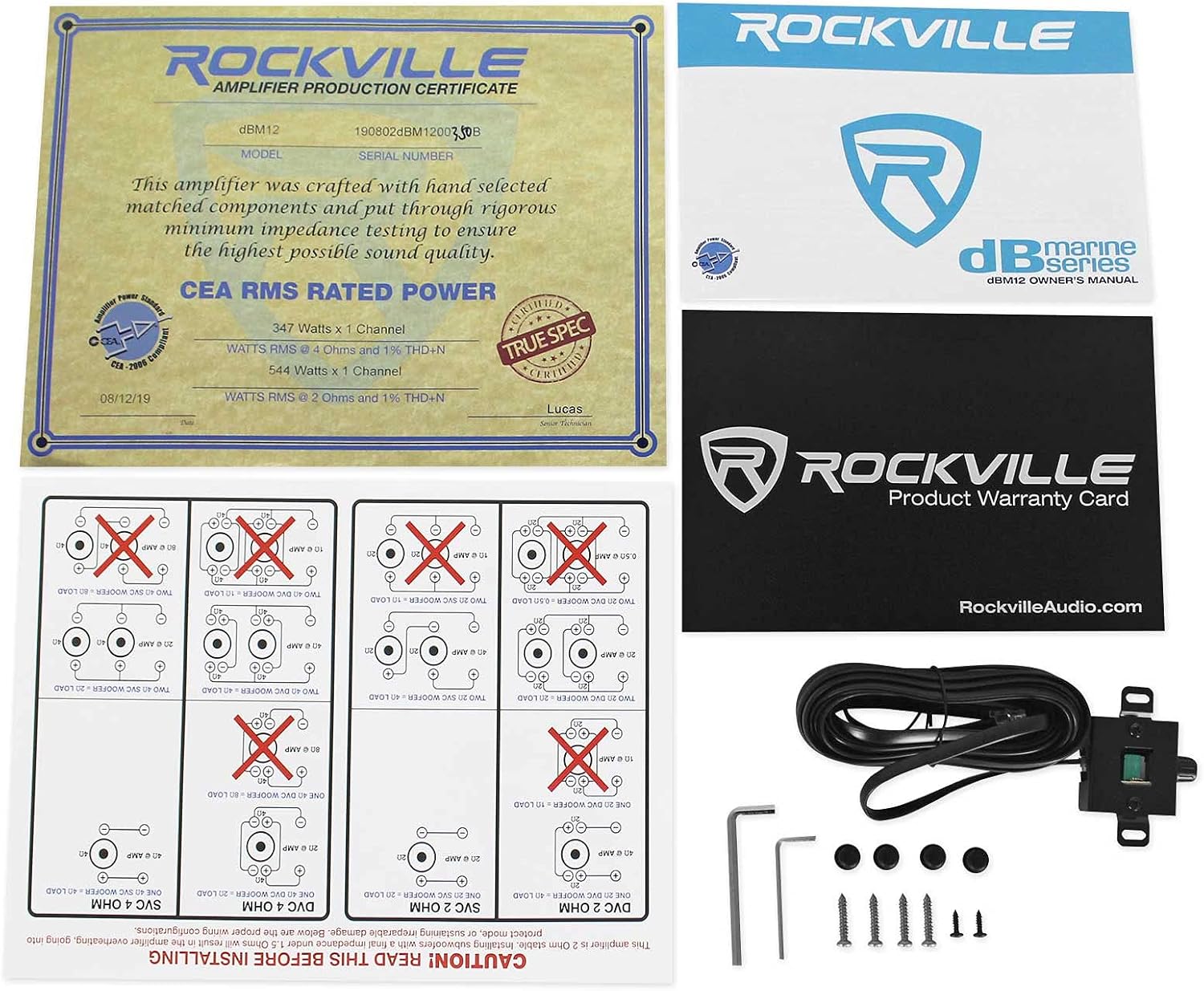 Rockville DBM12 2000W Peak/500W RMS Mono 2-Ohm Marine Amplifier  Waterproof Covers  Bass Remote  Class-D Power  Designed for Boat Audio Systems