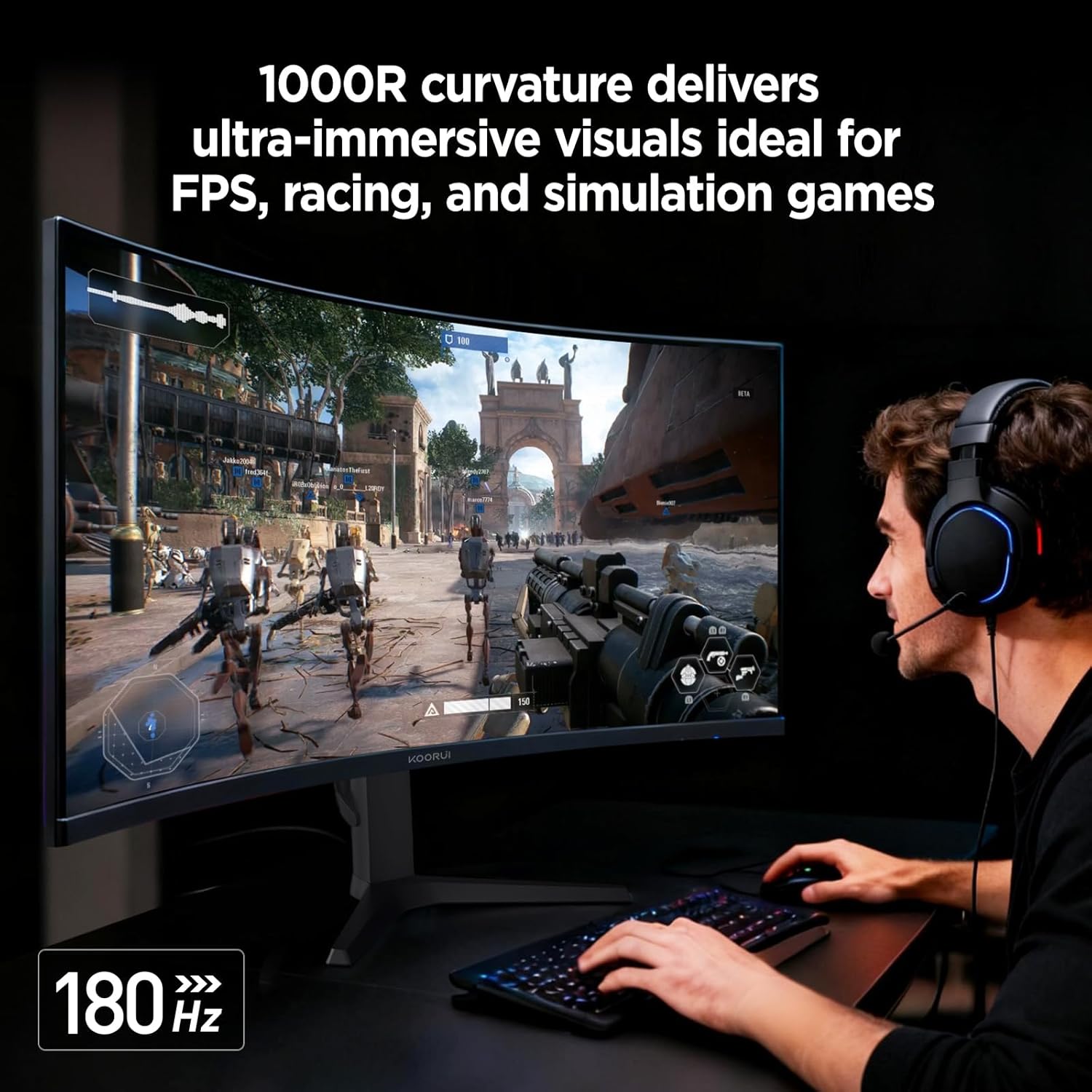 KOORUI 34-inch Curved Ultrawide WQHD 3440×1440 Gaming Monitor  180Hz 1000R- PIP/PBP  1ms(MPRT)  HDR400  DCI-P3 95%  FreeSync Premium  1 x DP 1.4 & 2 x HDMI 2.0  Tilt Height Swivel Adjustment  34E6UC
