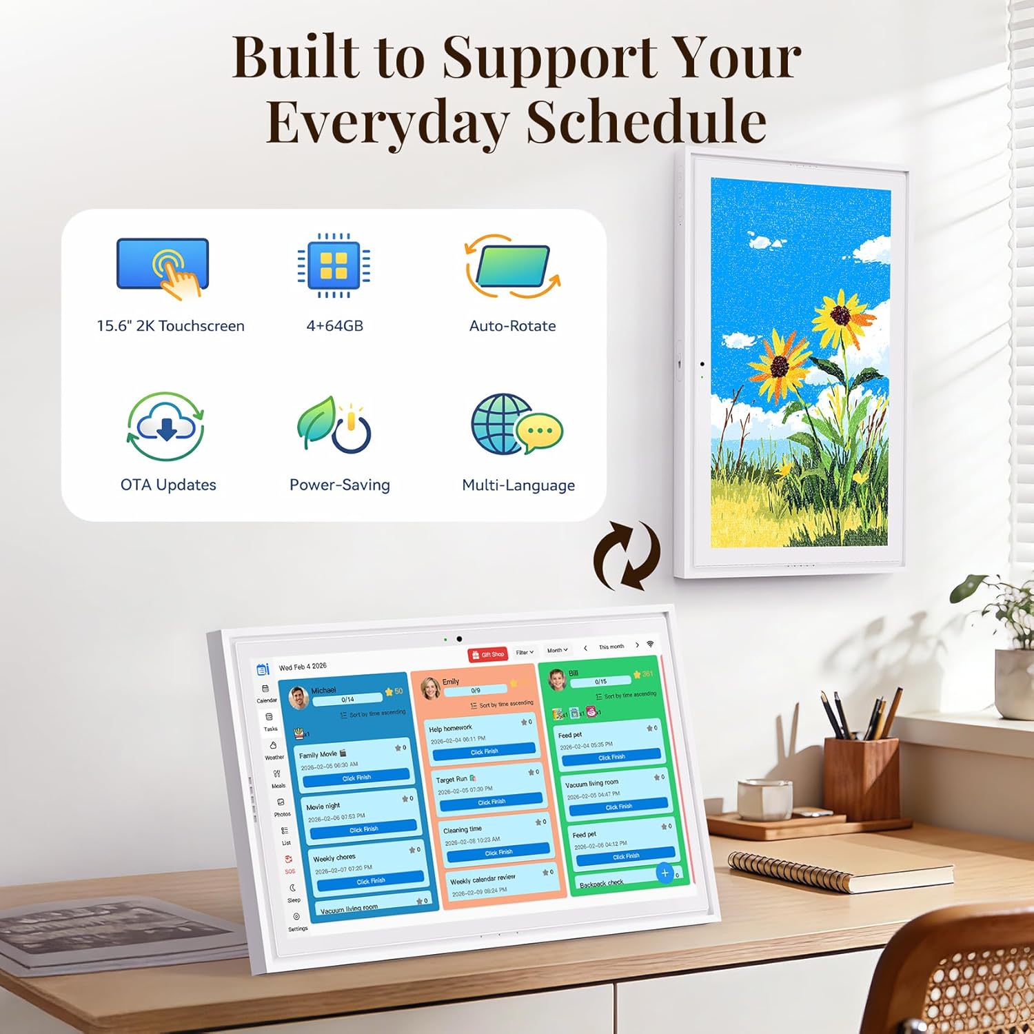 Digital Calendar: 15.6-inch Wall Planner Digital Calendar & Chore Chart with Video Call  2K Smart Touchscreen Interactive Display for Family Schedules  4+64GB  Wall/Desk Mountable  Great for Organizing Your 2026 Calendar