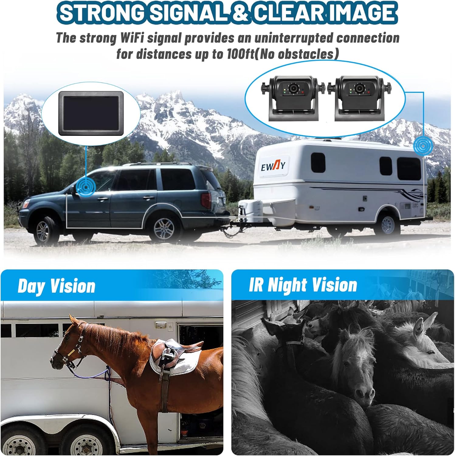 3x Wireless WiFi Magnetic Backup Cameras 1080P HD 5" Dual Monitor Battery Powered No Wiring Rear View Reverse Monitoring Camera Portable Kit for Car Truck Pickup RV Camper 5th Wheel Boat Horse Trailer