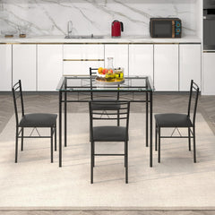 Giantex 5 Piece Dining Table Set, Kitchen Dining Set with Tempered Glass Table Top and 4 Upholstered Chairs, Dinette Set for 4 for Breakfast Nook Dining Room Kitchen (Black)