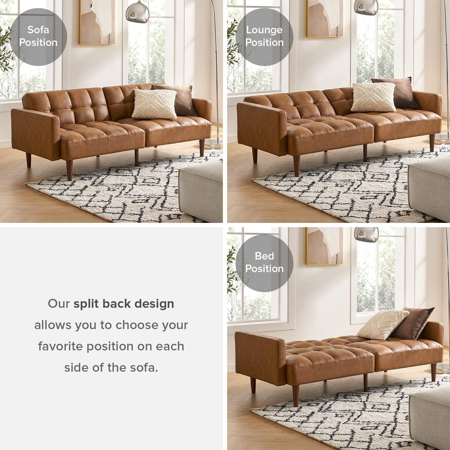 mopio 76.4" Futon Sofa Bed, Couch, Loveseat, Sleeper Sofa, Mid Century Modern Futon Couch, Sofa Cama, Couches for Living Room (Aaron PU, Pecan Brown)