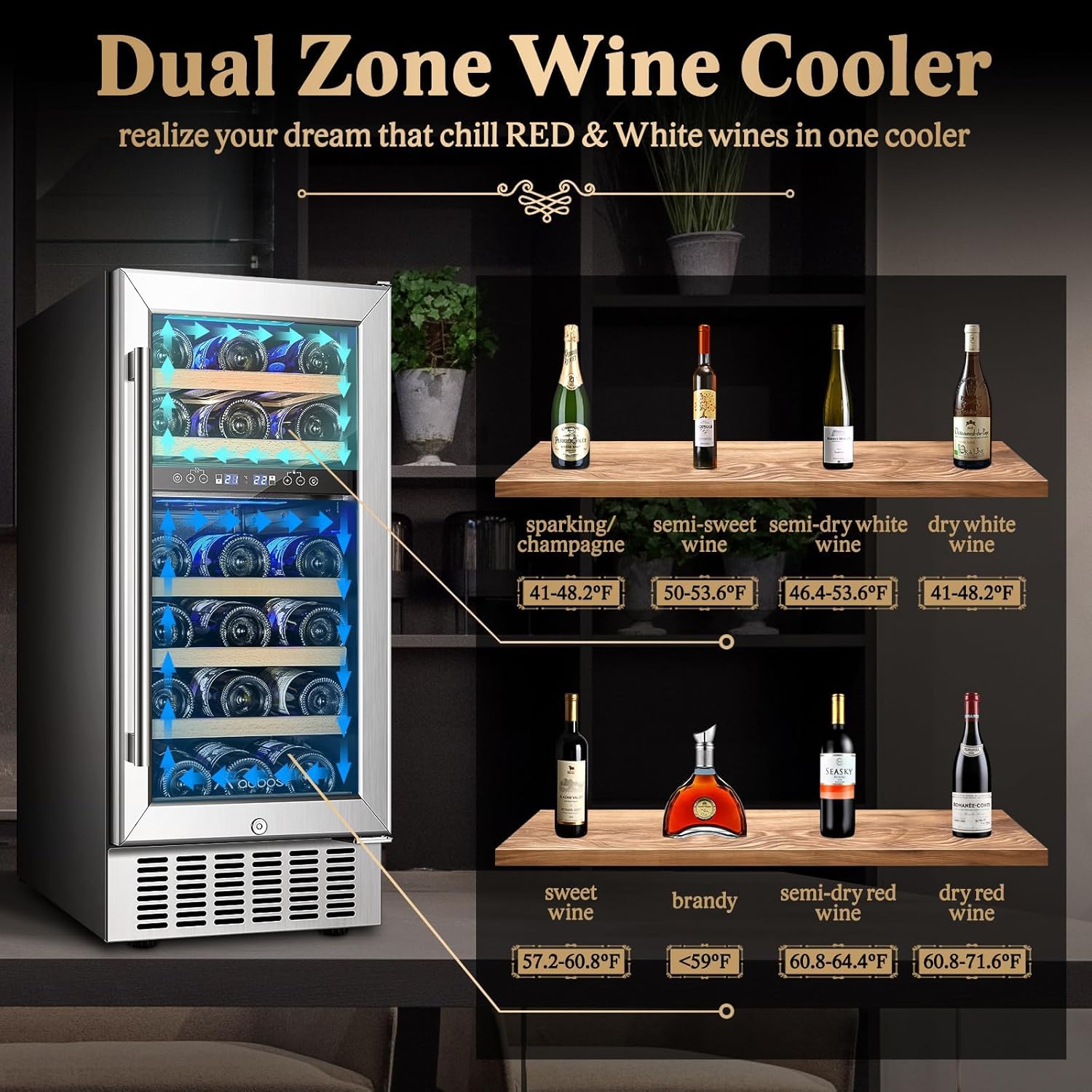 AAOBOSI 15 inch Dual Zone Wine Fridge, 28 Bottles Built-in or Freestanding Fridge,41-64°F Wine Cooler with Professional Compressor，Low Noise and No Fog