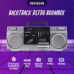 aiwa Retro Boombox CD Player with Cassette Recording  Bluetooth 5.0  FM/AM Radio  USB/SD/AUX Inputs  VU Meters  LCD Display  Dual 40W Speakers - Silver