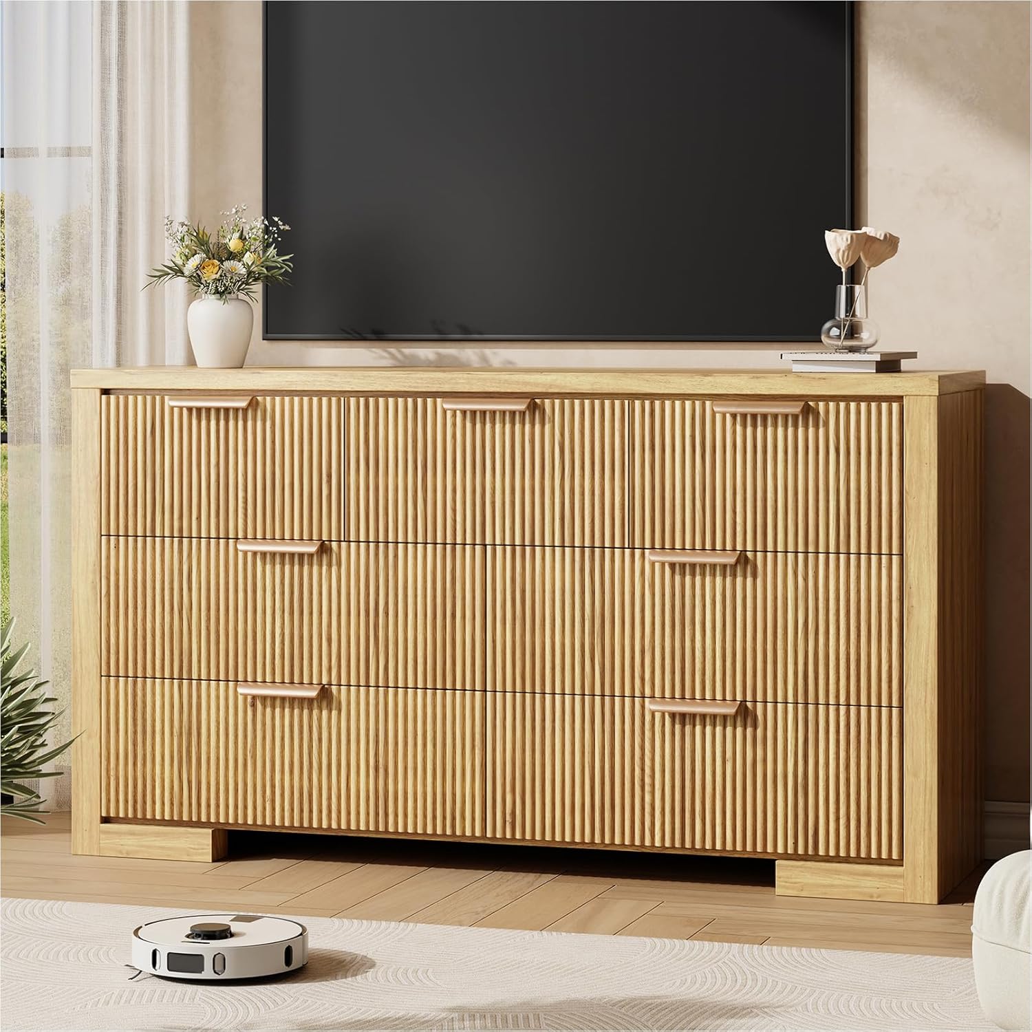 Fluted Dresser for Bedroom, 7 Drawer Dresser with Gold Handle, 54" Wide Chest of Drawers, Modern Wood Dressers Organizer for Bedroom, Liveroom, Entryway, Natural Oak