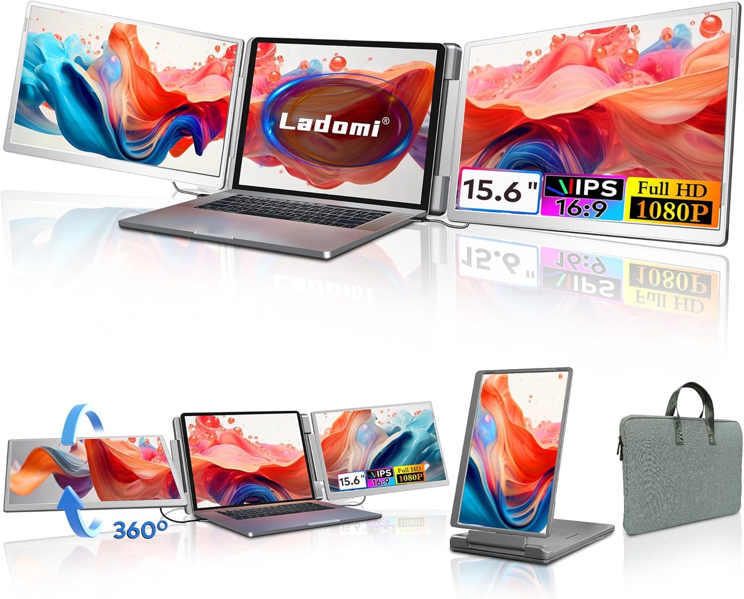 Laptop Screen Extender  15.6" FHD Laptop Monitor Extender  Triple Portable Monitor for 12"-18.5" Laptops  Plug & Play  360° Rotation Screen  Compatible with MacOS/Wins/Switch/Surface