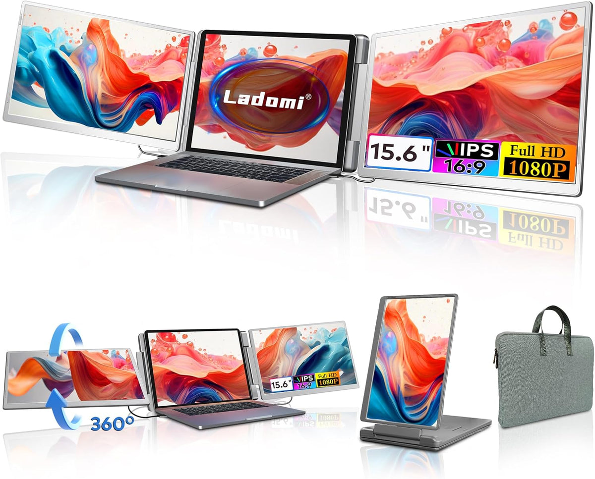 Laptop Screen Extender  15.6" FHD Laptop Monitor Extender  Triple Portable Monitor for 12"-18.5" Laptops  Plug & Play  360° Rotation Screen  Compatible with MacOS/Wins/Switch/Surface