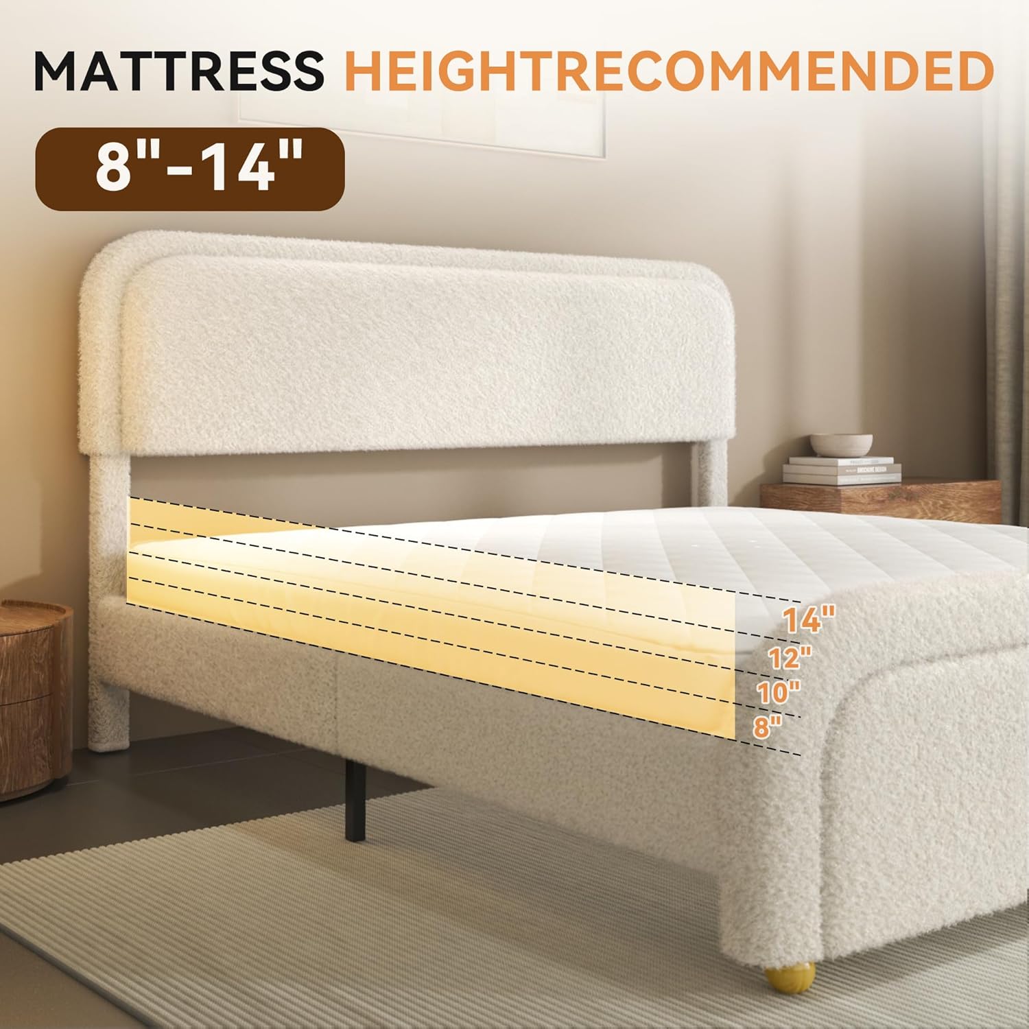 Cloud King Size Bed Frame, Boucle Upholstered Platform Bed with Adjustable Headboard, Anti-Collision Soft Rounded Corners, Metal Support, No Box Spring Required, Noise Free, Easy Assembly, Cream