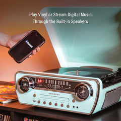 Crosley CR6047A-AB Powel 7-in-1 Bluetooth in/Out Vinyl Record Player with AM/FM Radio  CD Player  and Aux-in  Aqua Blue