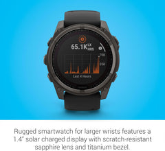 Garmin Fenix 8 Premium Multisport GPS Running Smartwatch  51 mm  Sapphire  Solar  Dive-Rated  Built-in Flashlight  DLC Titanium with Pebble Gray Band - Signature Series Charging Stand