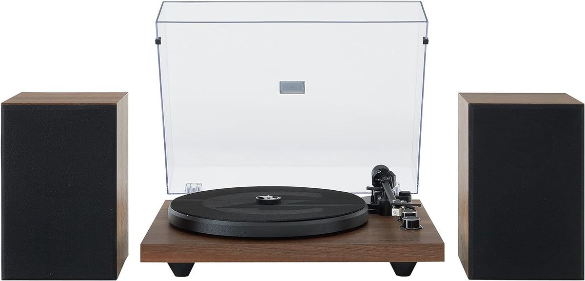 Crosley C62C Turntable HiFi System Record Player with Speakers  Adjustable Tonearm  Moving Magnet Cartridge  Bluetooth Receiver  40W Per Channel  and Anti-Skate  Walnut