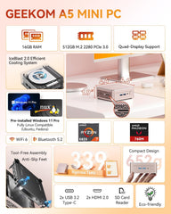 GEEKOM A5 Mini PC 2026 with AMD Ryzen 7 5825U  16GB DDR4(Not LPDDR)  512GB NVMe SSD  2.5" SATA HDD  Radeon Vega 8 Graphics  Windows 11 Pro  8K Quad Display  Dual HDMI  6XUSB  SD 4.0 Slot