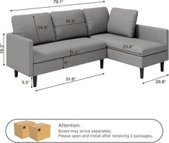 Gizoon Convertible Sectional Sofa, Convertible to L-Shaped Sofa, Linear and Sofa Bed, with Comfortable and Soft Fabric, Four Pillows, for Living Room, Apartment and Office, Light Gray