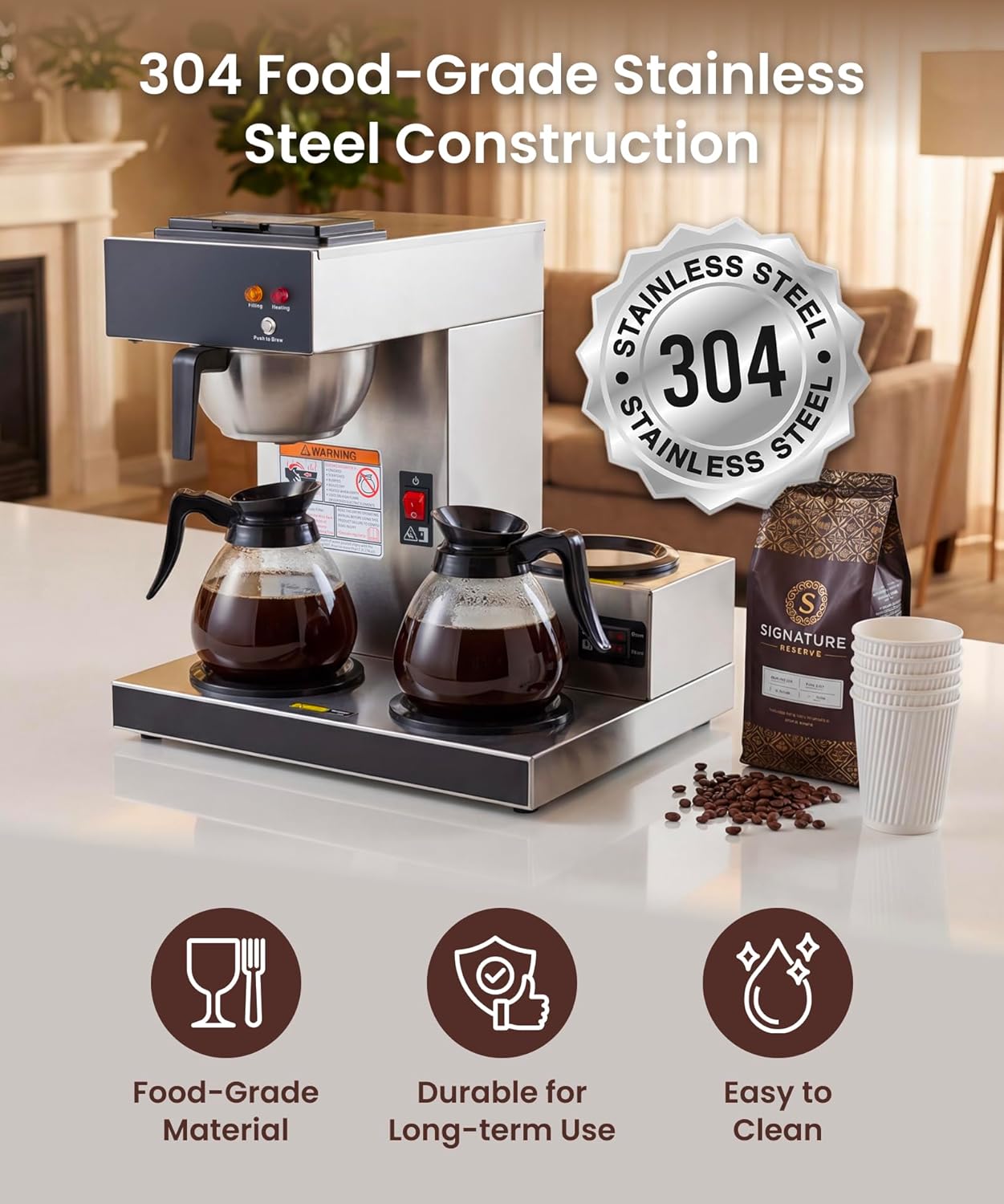 SYBO Commercial Coffee Maker 12 Cup, Pour Over Drip Coffee Maker Brewer with 3 Lower Warmers, Stainless Steel Cafetera