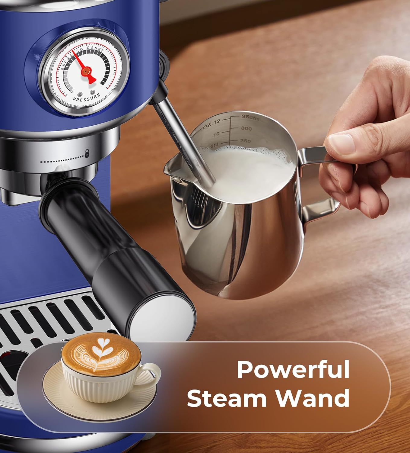 20 Bar Espresso Machine with Milk Frother, Compact Espresso Maker, Stainless Steel Coffee Machine with Precise Temp Control & 44oz Removable Water Tank for Latte, Cappuccino, Dark Blue