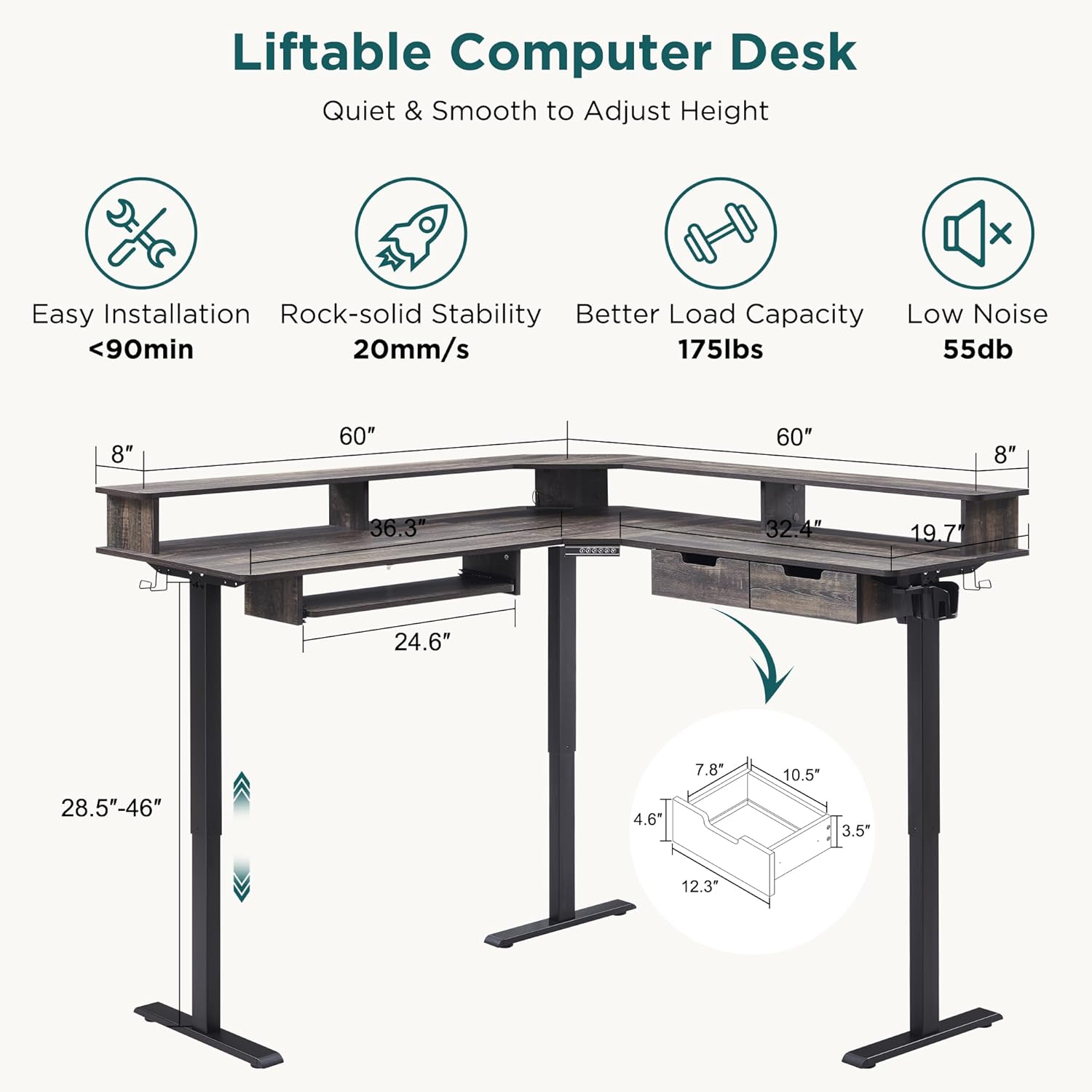 RedLemon L-Shaped Electric Standing Desk, 60 inches Motor Height Adjustable Sit Stand Corner Desk with Led, Large Home Office Desk Computer Workstation, Dark Rustic Oak