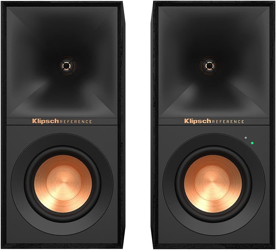 Klipsch Reference R-40PM Powered Bookshelf Speakers - 90-Degree x 90-Degree Tractrix Horn - Linear Travel Suspension - Sleek  Modern Appearance