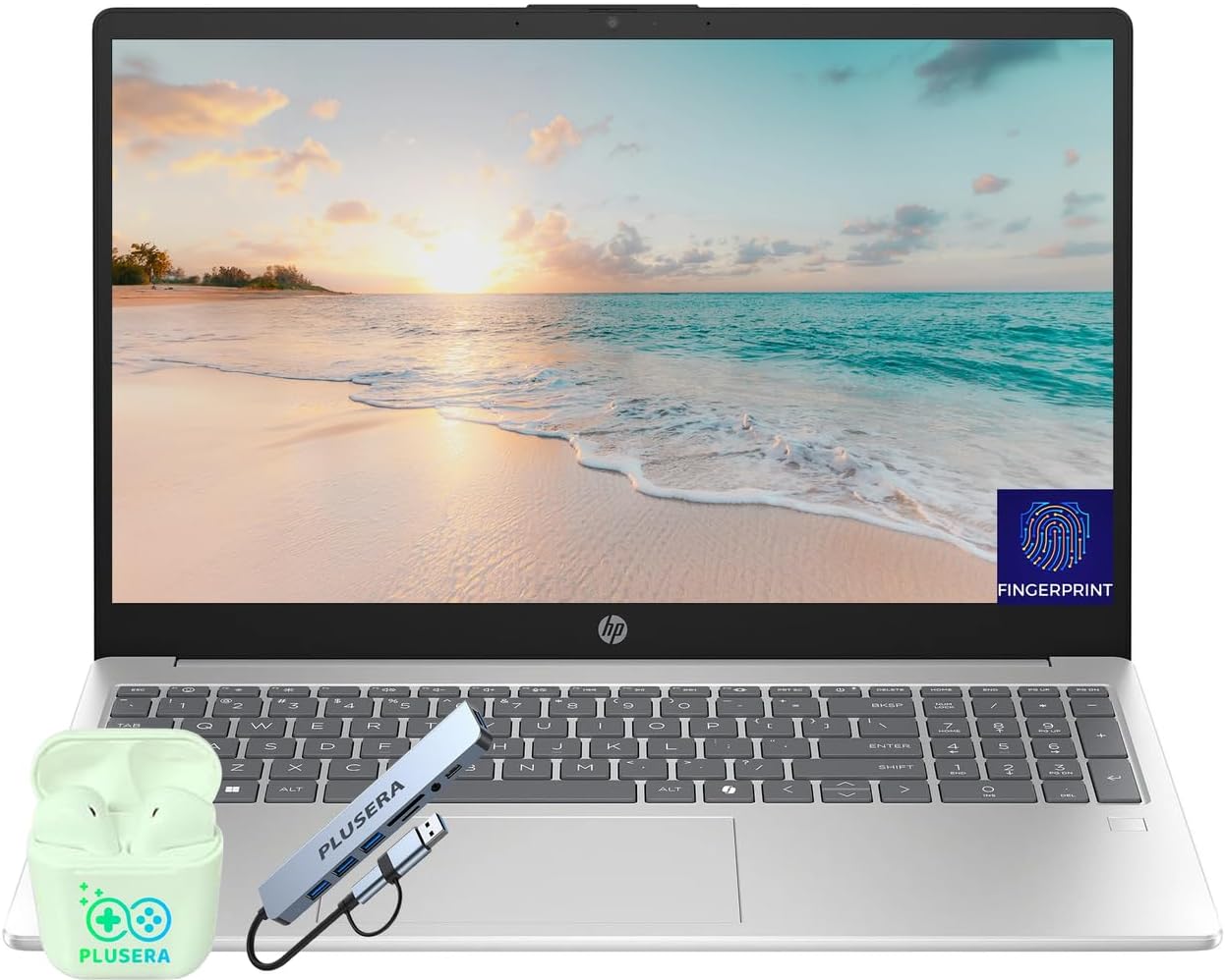 HP 15.6" FHD Business & Student Laptop Computer  16GB RAM 512GB SSD  8-Cores Intel Core i3 Processor  Windows 11  Fingerprint Reader  PLUSERA Earphones & 8-in-1 Hub Included  Natural Silver