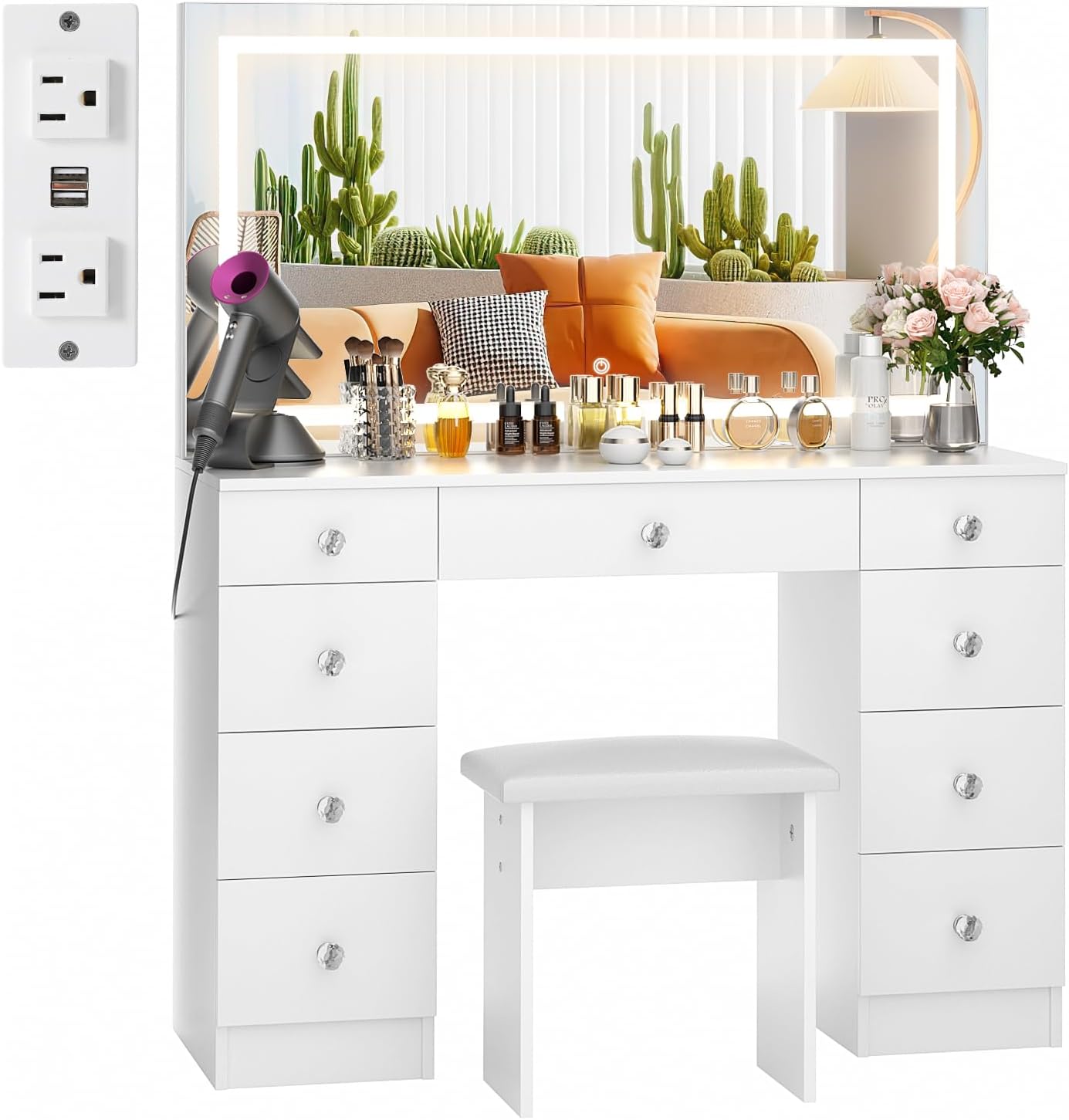 VOWNER Vanity With Lighted Mirror - Makeup Desk With Power Outlet and 9 Drawers, 3 Color Lighting Modes Adjustable Brightness, 43" Table With Soft Cushioned Stool for Bedroom, White