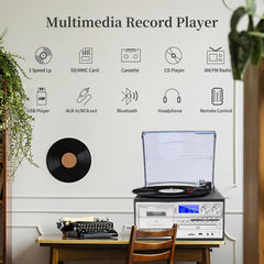 9 in 1 Record Player with External Speakers 3 Speed Bluetooth Turntable Vinyl Player with CD/Cassette Play AM/FM Radio  USB SD/MMC Play  Aux-in/RCA Line Out