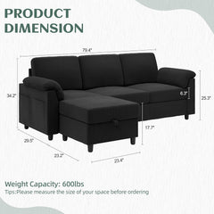 Vongrasig Convertible Sectional Couches, 3 Seat L Shaped Couch Sofa with Removable Pillows Soft Corduroy Fabric Small Couch Mid Century for Living Room, Apartment and Office Black
