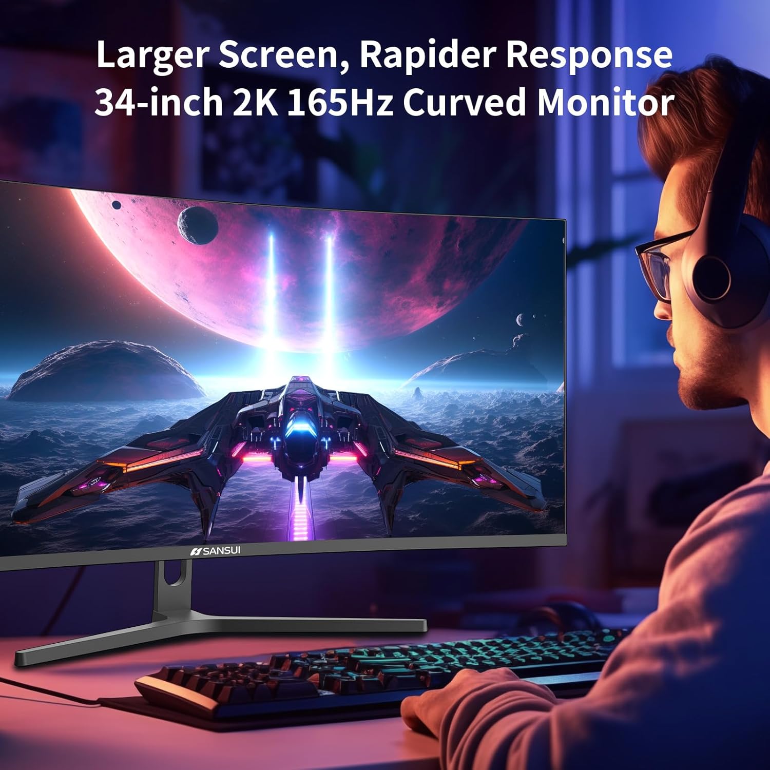 SANSUI 34-Inch Curved Gaming Monitor UWQHD 3440 x 1440 Up to 165Hz Curved 1500R - PIP/PBP  1ms(MPRT)  HDR  300nits  sRGB 125%  DCI-P3 95% FreeSync HDMIx2 DP1.4(Cable Included)
