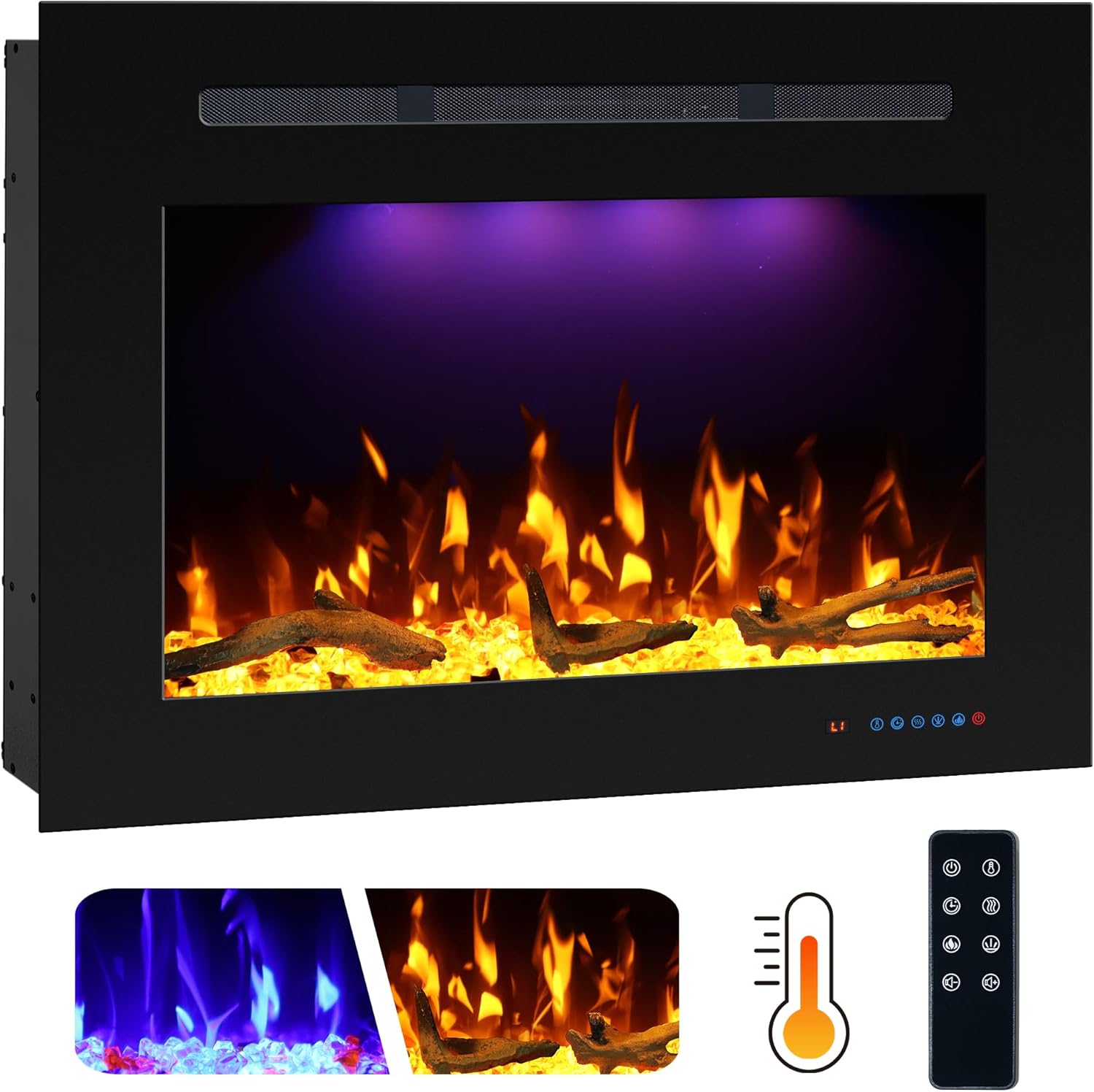 Prismaster 32.23" W x 26" H Rear Electric Fireplace Insert with Crackling, Fireplace Heater with Adjustable Flames, 62-99℉ Thermostat,Only Recessed
