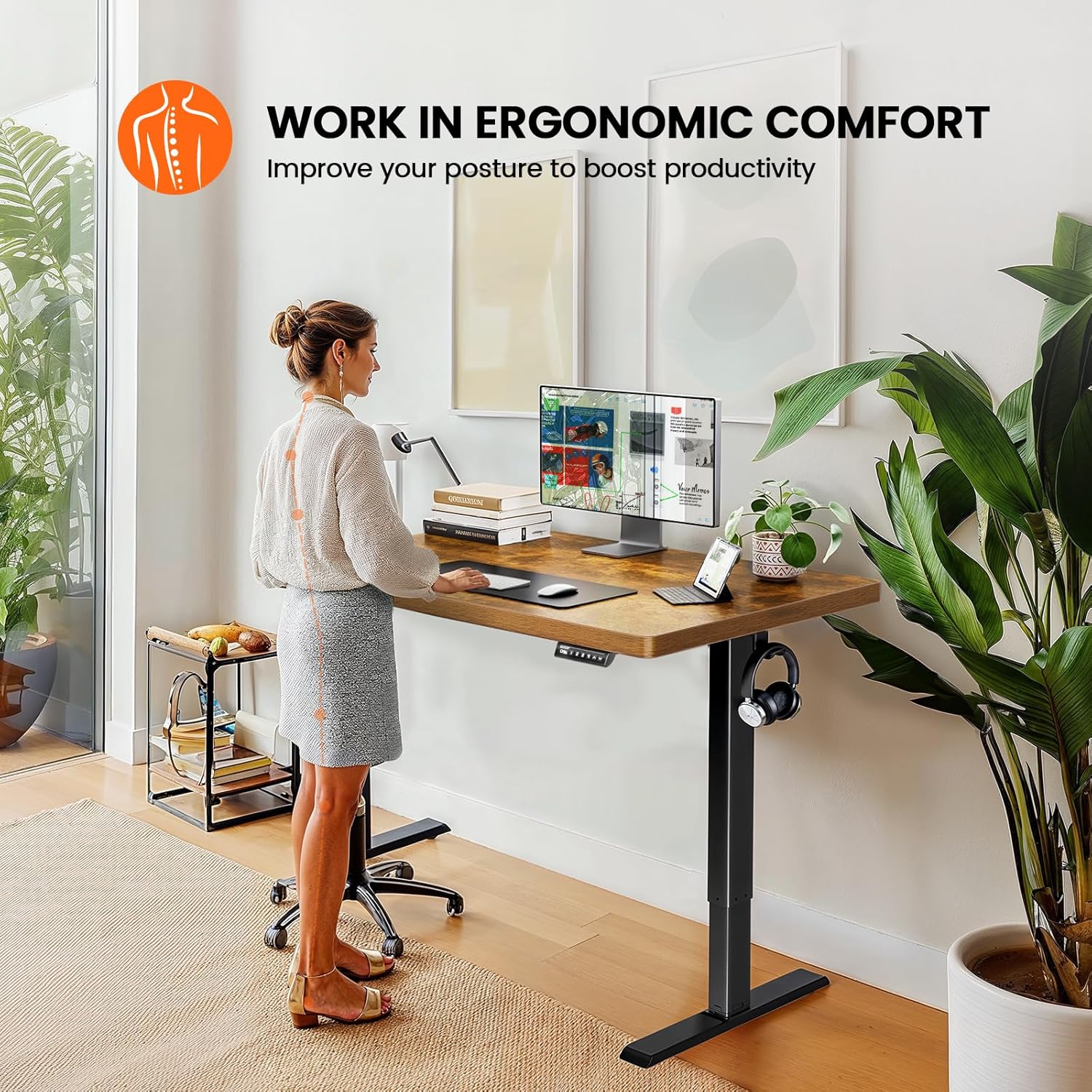 ErGear Standing Desk, 48 x 30 inch Whole-Piece Desktop Height Adjustable, Electric Sit Stand Desk with 4 Height Memory Setting, Ergonomic Desk for Home Office, Vintage Brown, EGESD74V