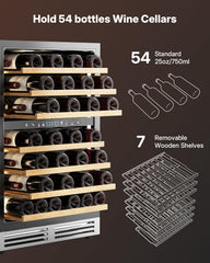 Upstreman 24 Inch Wine Fridge, 54 Bottles Dual Zone Wine Cooler Refrigerator, Small Built-in or Freestanding Wine Fridge with Stainless Steel Glass Door for Home, Office, or Kitchen, W54