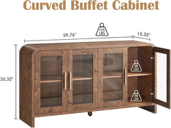 Sideboard Buffet Cabinet Unique Curved Large Credenza Storage Cabinet with 4 Glass Doors, FSC-Certified Wooden Board Console Cabinet, Kitchen Coffee Bar Cabinet for Living Room, Hallway