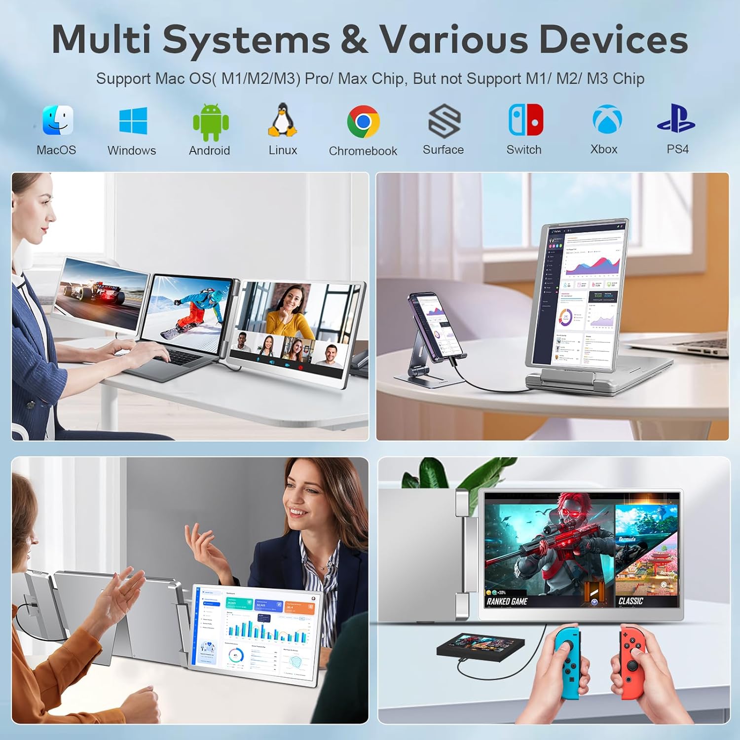 Laptop Screen Extender  15.6" FHD Laptop Monitor Extender  Triple Portable Monitor for 12"-18.5" Laptops  Plug & Play  360° Rotation Screen  Compatible with MacOS/Wins/Switch/Surface