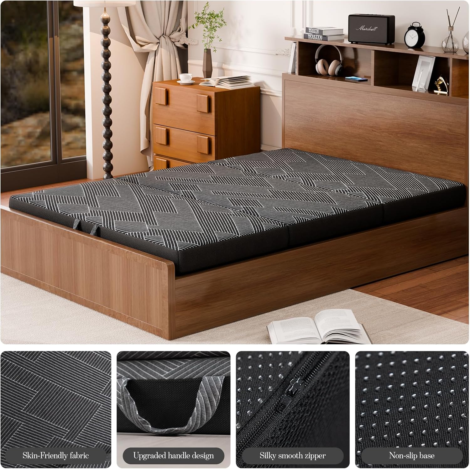 Tri Folding Mattress Queen Size - Foldable Mattress Trifold Memory Foam Mat with Washable Cover, Handle & Non-Slip Bottom Portable Foldable Floor Sofa Bed for Travel Camping Guest - 6 Inch, 78"x58"x6"
