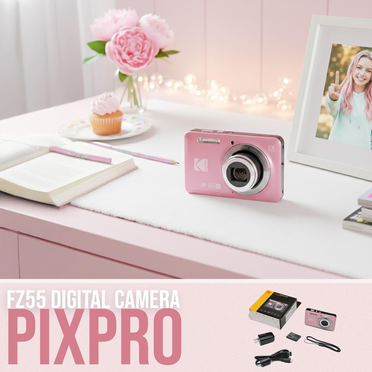 Kodak PixPro Friendly Zoom FZ55 16MP 1080p Full HD Digital Camera (Pastel Pink) Bundle with 128GB SD Card  Battery (2-Pack) and Travel Organizer (4 Items)