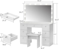 VOWNER Vanity with Lighted Mirror - Makeup Vanity Desk with Glass Top, 7 Drawers and Power Outlet, 3 Color Lighting Modes Adjustable Brightness, 44" Vanity Table with Stool for Women Girls, White