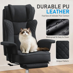 Big and Tall Office Chair, Ergonomic Leather Reclining Chair with Footrest, High-Back Comfy Executive Computer Desk Chairs with Lumbar Support, Wide Seat, 400LBS (Black)