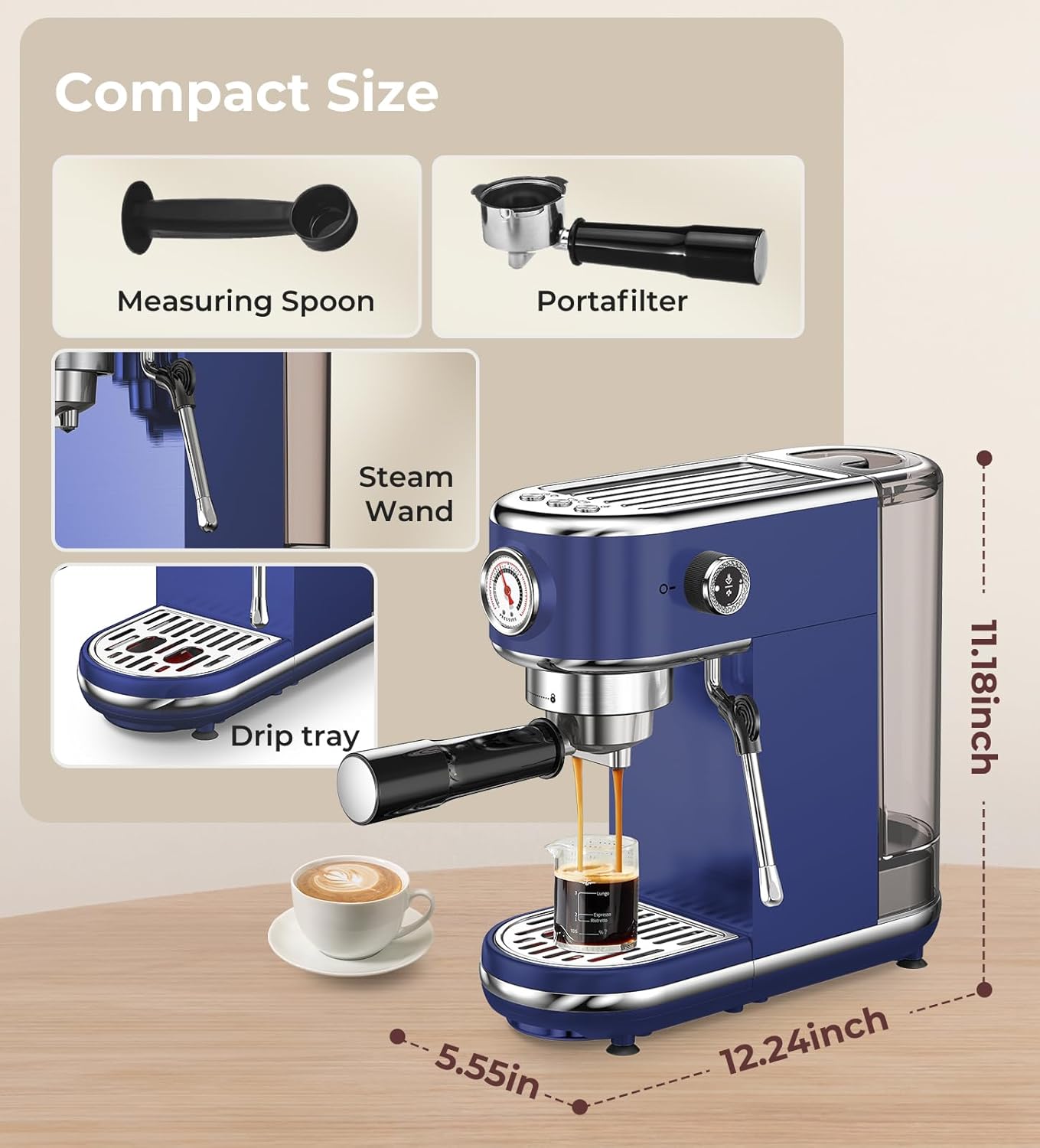 20 Bar Espresso Machine with Milk Frother, Compact Espresso Maker, Stainless Steel Coffee Machine with Precise Temp Control & 44oz Removable Water Tank for Latte, Cappuccino, Dark Blue