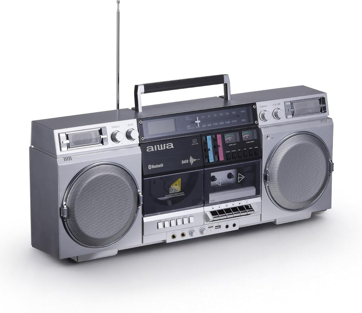aiwa Retro Boombox CD Player with Cassette Recording  Bluetooth 5.0  FM/AM Radio  USB/SD/AUX Inputs  VU Meters  LCD Display  Dual 40W Speakers - Silver