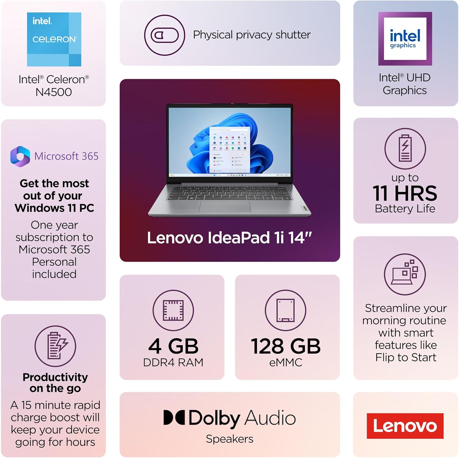 Lenovo IdeaPad Laptop for Students  1-Year Office 365  Intel High Performance CPU  4GB RAM  128GB eMMC  SD-Card Reader  WiFi 6  Windows 11 S  8 in 1 Hub  Type C RJ45 Cable