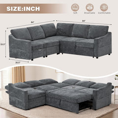 84" Chenille Modular Sofa Bed w/Adjustable Backrests, L-Shape Sleeper Sofa w/USB Ports & Storage Space, Convertible Corner Sectional Couch w/Pull Out Bed for House, Living Room, Grey