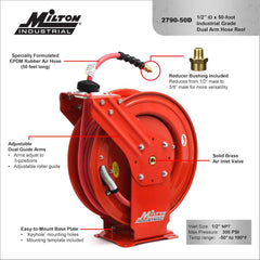 MILTON Industrial Hose Reel 2790-50D  Auto Retractable  Chemical Resistant  Prevent Cracking  Flexible in Extreme Conditions 1/2” Hose ID  50 Foot Rubber Hose  300 PSI Max Pressure 1/2" Male NPT  Red
