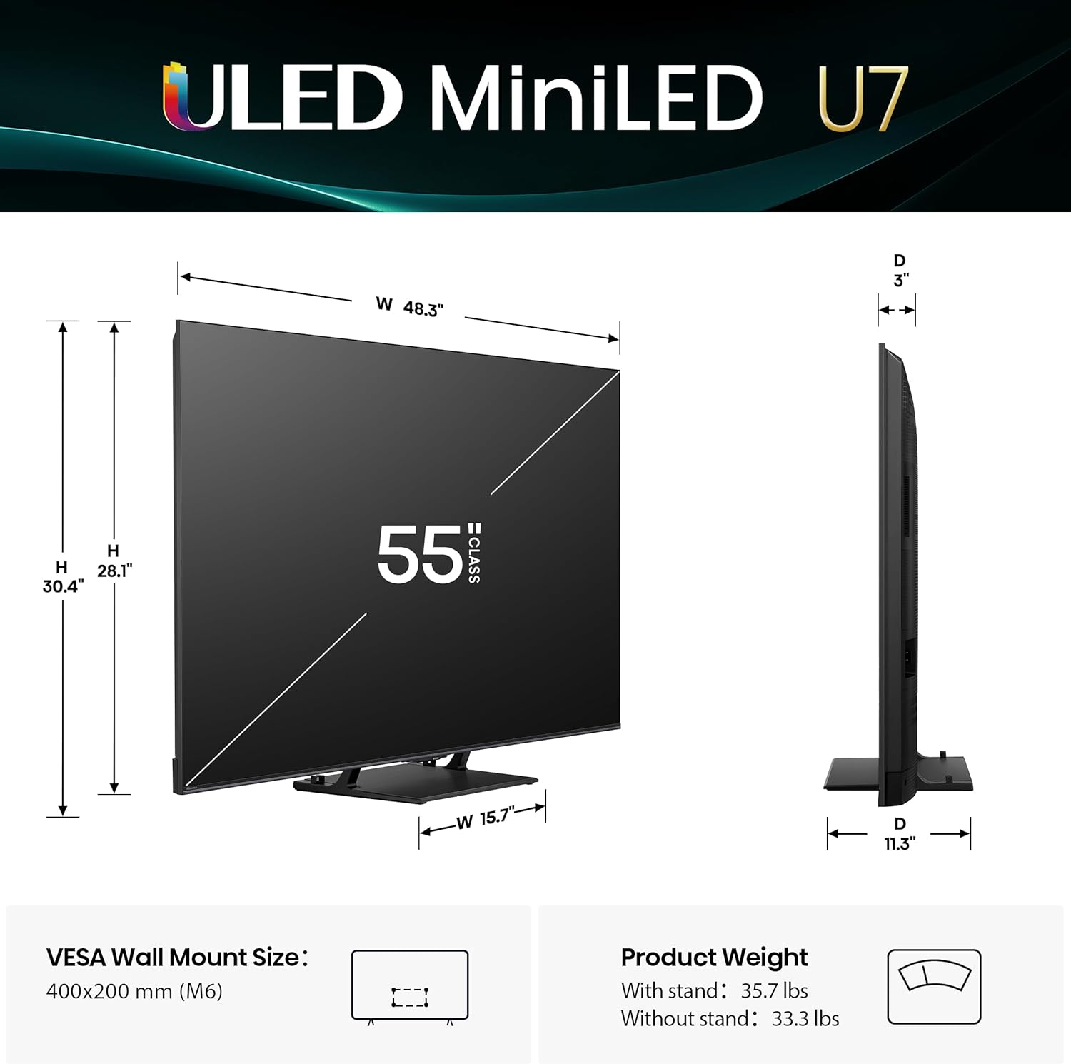Hisense 55" U7 Mini-LED ULED 4K UHD Best Premium Gaming Google Smart TV (55U75QG  2025 Model) - QLED  Native 165Hz  VRR 288  Up to 3000 Nits  HDR10+  Dolby Vision IQ · Atmos  IMAX Enhanced  2.1.2 Ch