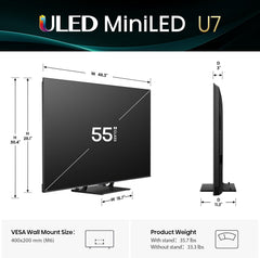 Hisense 55" U7 Mini-LED ULED 4K UHD Best Premium Gaming Google Smart TV (55U75QG  2025 Model) - QLED  Native 165Hz  VRR 288  Up to 3000 Nits  HDR10+  Dolby Vision IQ · Atmos  IMAX Enhanced  2.1.2 Ch