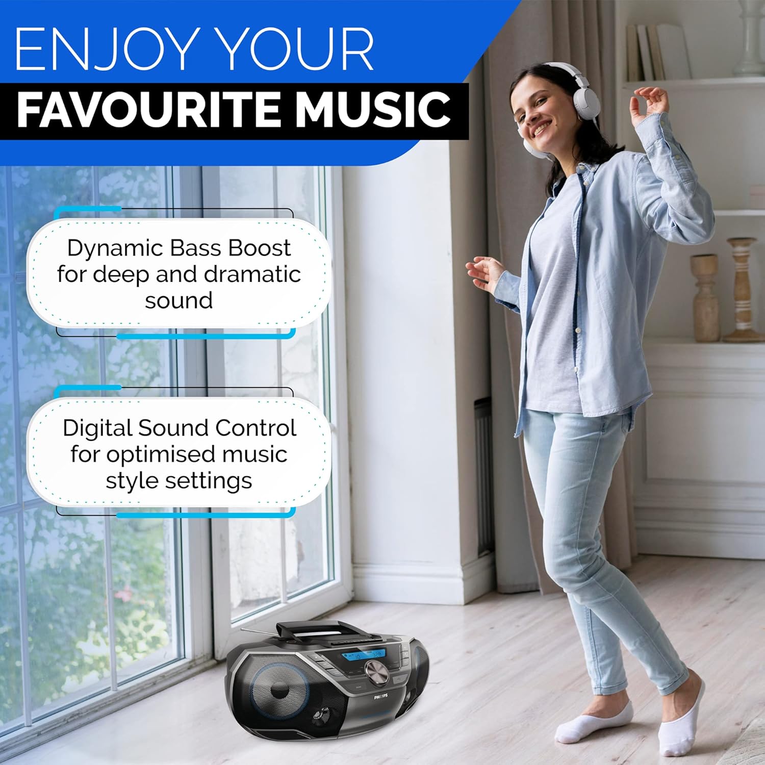 Philips Portable CD Player Boombox Bluetooth with Cassette Player All in one Powerful Stereo Boom Box CD Player for Home Mega Bass Reflex Speakers  Radio/USB/MP3/AUX Input with Backlight LCD Display
