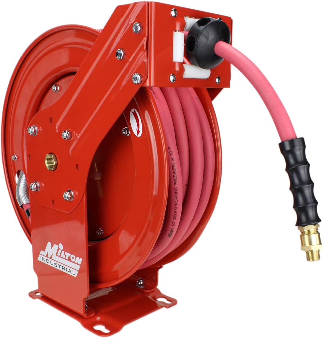 MILTON Industrial Hose Reel 2790-50D  Auto Retractable  Chemical Resistant  Prevent Cracking  Flexible in Extreme Conditions 1/2” Hose ID  50 Foot Rubber Hose  300 PSI Max Pressure 1/2" Male NPT  Red