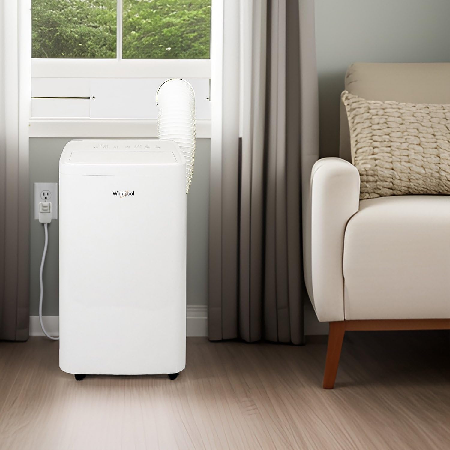 Whirlpool 14,000 BTU Portable Air Conditioner with Dehumidifier for Living Room, Apartment, or Bedroom, 115V, Portable AC for Large Rooms up to 700 Square Feet with Remote, 3 Speeds, and Timer, White