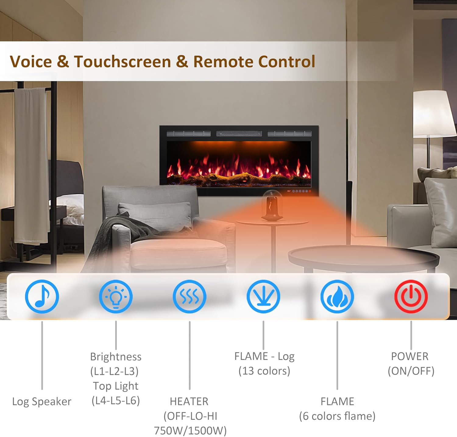 60 Inch WiFi Electric Fireplace Heater, Recessed or Wall Mounted, Ultra‑Slim 5.51" Deep, 750/1500W, 12 Flame Colors & 12 Ember Bed Colors,Remote & App Control, Works with Alexa & Google Home