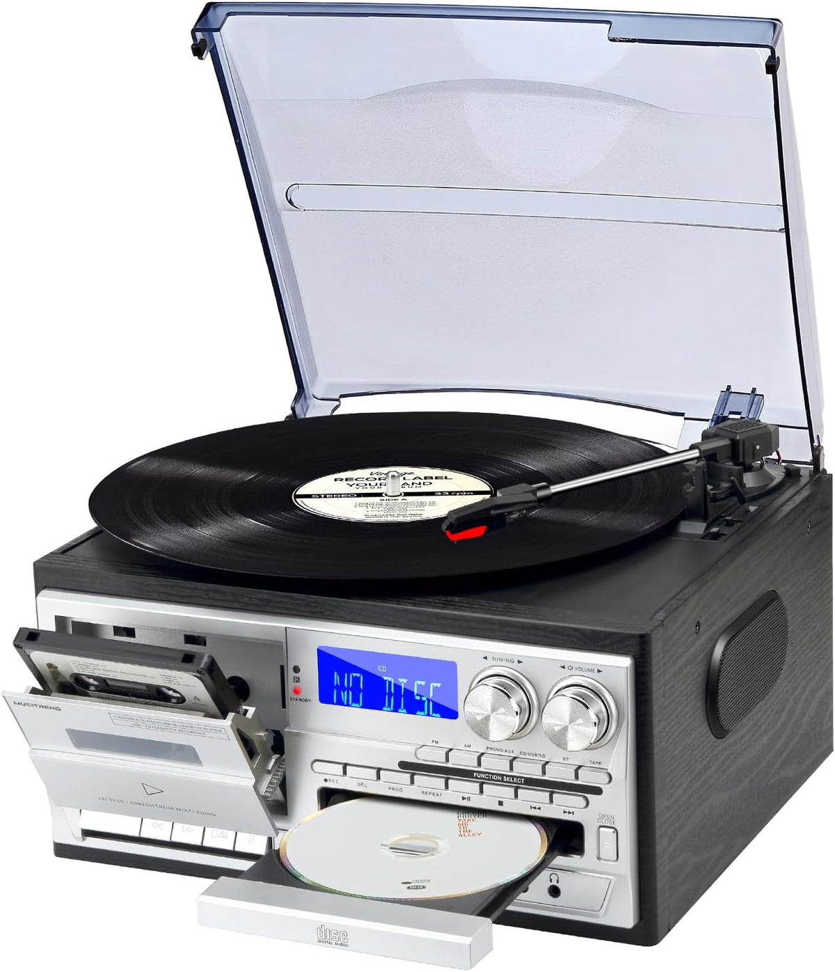 9 in 1 Record Player with External Speakers 3 Speed Bluetooth Turntable Vinyl Player with CD/Cassette Play AM/FM Radio  USB SD/MMC Play  Aux-in/RCA Line Out
