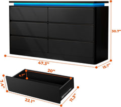 Loomie Upgraded 6 Drawer Black Dresser for Bedroom, 47.2" Long Chest of Drawers with Charging Station & LED Lights, Wooden Storage Cabinet Dresser for Closet,Modern TV Stand with Deep Drawers