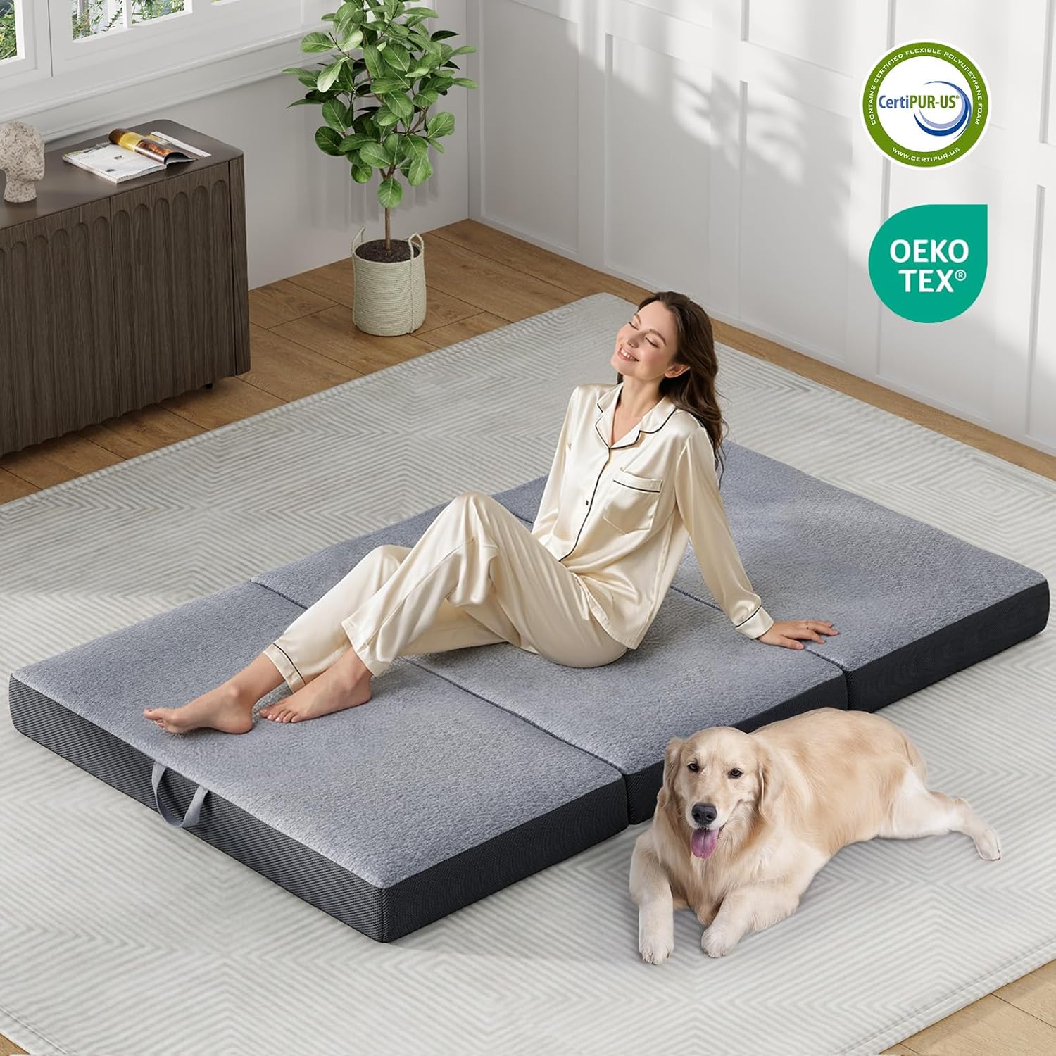 Trifold Mattress Full Size 6 Inch - Foldable Memory Foam Mattress for Camping, Travel, RV, Guest Bed & Yoga - No Slip Bottom, Washable Cover with Handles - Portable Folding Floor Cushion 73"x52"x6"